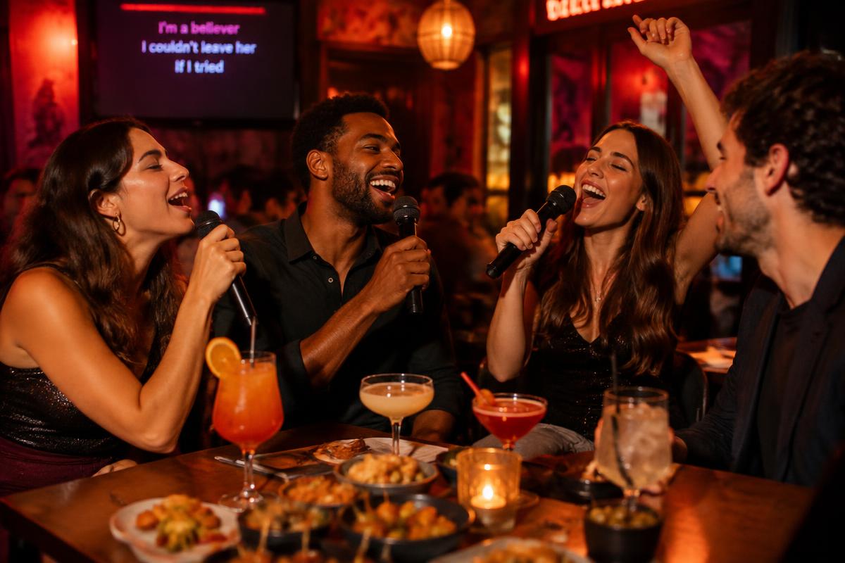 Freundesgruppe singt Karaoke beim Abendessen in einem Wiener Restaurant